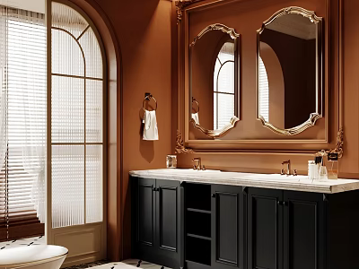 Luxurious Bathroom Interior With Double Mirrored Vanity And Arch Window 3d model