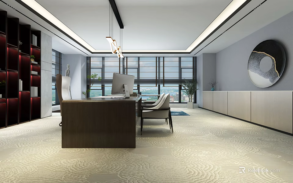 Modern Office Interior With Large Windows Wooden Desk Chairs Pendant Lights And Circular Wall Art 3d model 