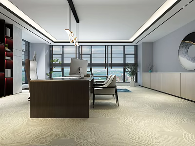 Modern Office Interior With Large Windows Wooden Desk Chairs Pendant Lights And Circular Wall Art 3d model