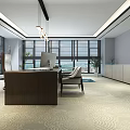 Modern Office Interior With Large Windows Wooden Desk Chairs Pendant Lights And Circular Wall Art