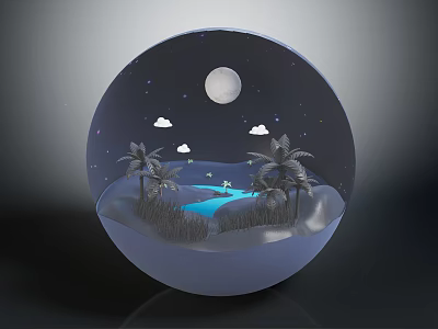 Natural Scene Inside Sphere With Night Sky Moon Stars Palm Trees Water And Grass 3d model
