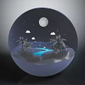 Natural Scene Inside Sphere With Night Sky Moon Stars Palm Trees Water And Grass