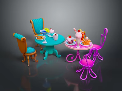 Colorful Furniture Set With Blue Pink Tables Chairs And Tea Dessert Items 3d model