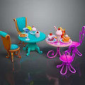 Colorful Furniture Set With Blue Pink Tables Chairs And Tea Dessert Items