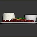 Plated Food With Herbed Rice Sliced Red Meat Carrots And Soup