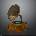 Vintage Gramophone With Golden Horn Wooden Base Black Turntable And Green Record