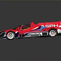 Red Race Car With Streamlined Body Design Black And Blue Stripes And Rear Wing