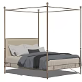Elegant Four Poster Double Bed with Metal Frame Beige Headboard Gray Bedding and White Pillows