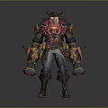 Warrior Character With Horned Creature Features In Red Gold Armored Attire And Dual Weapons