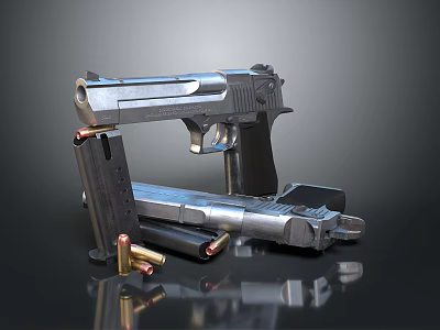 Tactical Silver Handgun With Magazine And Bullets On Reflective Surface 3d model