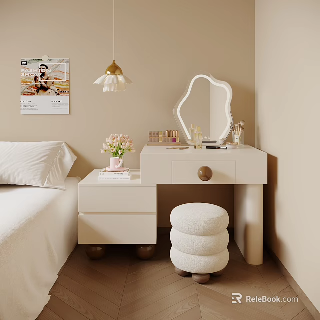 Stylish White Dressing Table with Curved Mirror Pink Flowers and Fuzzy Stool in Bedroom 3d model 