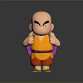 Cartoon Bald Man With Serious Expression In Yellow Top Red Pants Purple Backpack And Halo