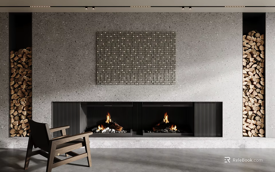 Modern Double Fireplace In Textured Gray Wall With Wood Stacks And Armchair 3d model 