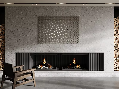 Modern Double Fireplace In Textured Gray Wall With Wood Stacks And Armchair 3d model