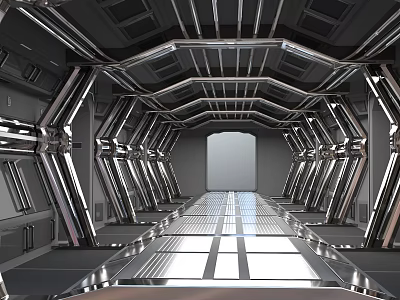 Cartoon Futuristic Corridor Scene With Symmetric Metallic Structures Geometric Frames Shiny Floor And Doorway 3d model