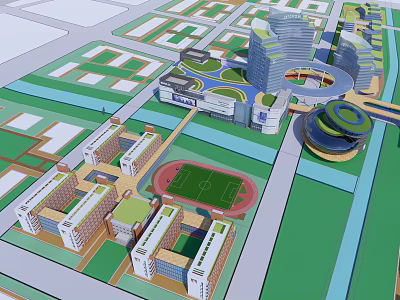 Modern Commercial Complex With Multiple Buildings Green Spaces Football Field And Plazas 3d model