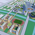 Modern Commercial Complex With Multiple Buildings Green Spaces Football Field And Plazas