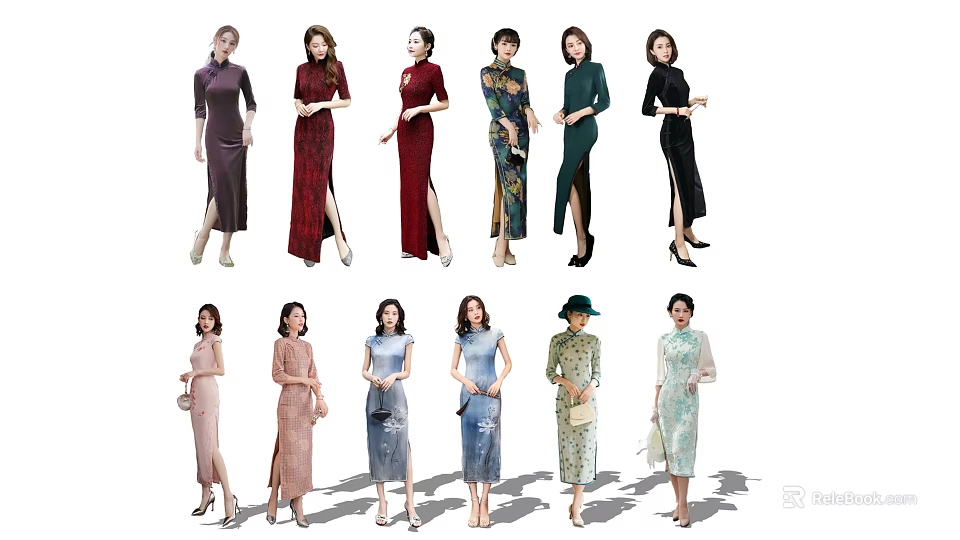 Group of Women Wearing Traditional Chinese Cheongsam in Various Colors and Styles 3d model 