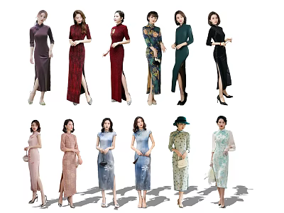 Group of Women Wearing Traditional Chinese Cheongsam in Various Colors and Styles 3d model