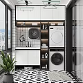 Modern Home Balcony With Washing Machine Dryer Storage Cabinets Sink And City View