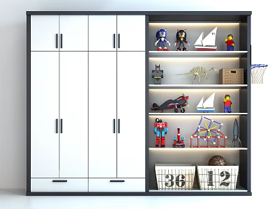 Modern White Black Wardrobe With Shelves For Lego Models Dinosaur Skeleton And Numbered Storage Baskets 3d model