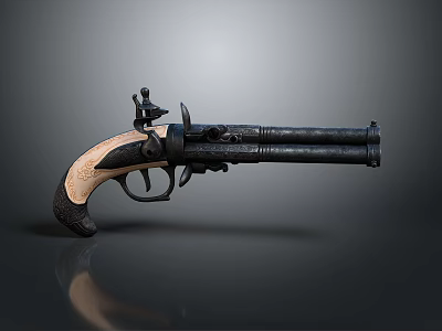 Vintage Double Barrel Pistol With Wooden Grip And Ornate Metal Design On Dark Reflective Surface 3d model