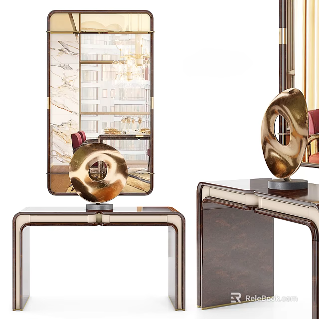 Modern Luxury Console Table With Golden Sculptures Mirror And Marble Top 3d model 