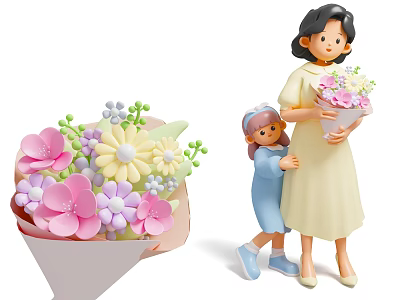 Woman Holding Colorful Bouquet of Flowers With Little Girl Hugging Her 3d model