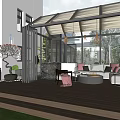 Villa Balcony Open Design With Glass Roof Pendant Lights Sofa Pillows Plants Wooden Floor
