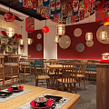 Traditional Chinese Restaurant Interior Design With Hanging Lanterns Wooden Tables Chairs And Mural Decor