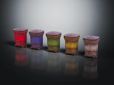 Colorful Public Trash Bins In Five Different Colors Red Blue Green Yellow Brown 3d model