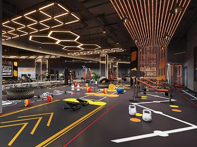 Modern Gym Fitness Area With Workout Gear Geometric Ceiling Lights And Marked Floor 3d model
