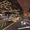 Modern Gym Fitness Area With Workout Gear Geometric Ceiling Lights And Marked Floor
