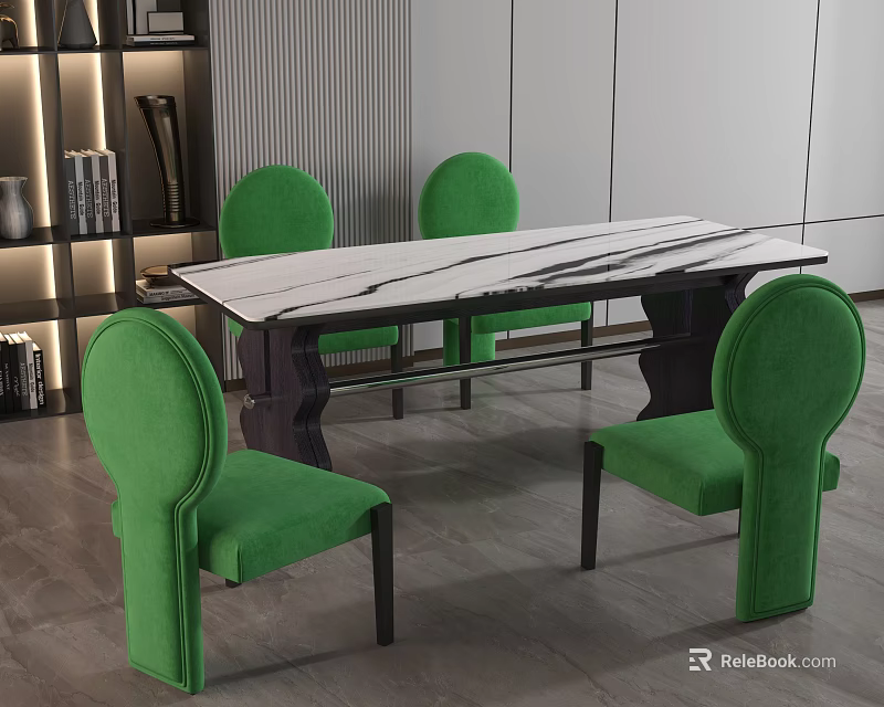 Modern Dining Table Set With Marble Top And Four Green Chairs 3d model