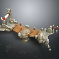 Ancient Style Stone Bridge Structure With Wooden Planks Stone Pillars And Lantern Decorations