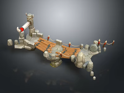 Ancient Style Stone Bridge Structure With Wooden Planks Stone Pillars And Lantern Decorations 3d model