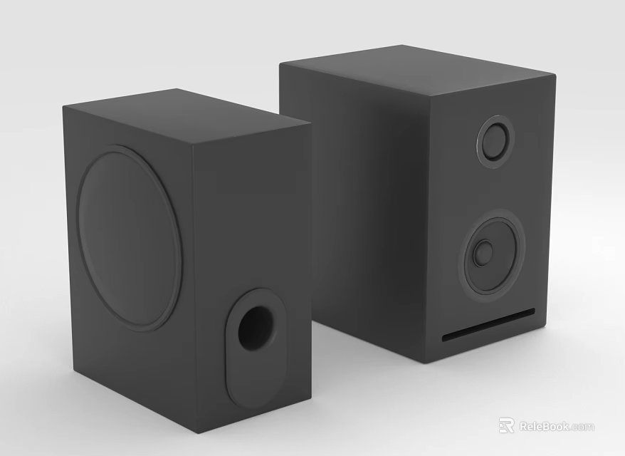 Black Cube Shaped Audio Speakers With Round Drivers And Control Buttons 3d model