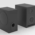 Black Cube Shaped Audio Speakers With Round Drivers And Control Buttons 3d model