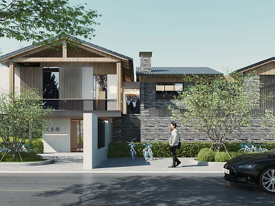 Elegant Traditional Detached Villa Exterior Design With Wooden Structure Stone Wall And Greenery 3d model