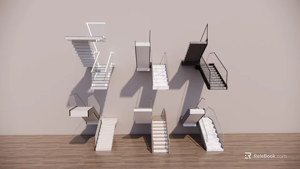 Various Modern Staircase Designs With Metal Railings And White Steps 3d model