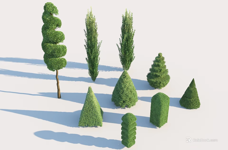 Artistic Shaped Topiary Trees with Various Pruned Forms for Garden Landscaping 3d model