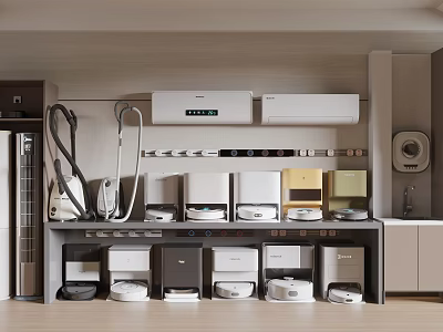 Modern Display of Household Appliances Including Vacuum Cleaners Small Appliances and Wall Units on Shelves 3d model