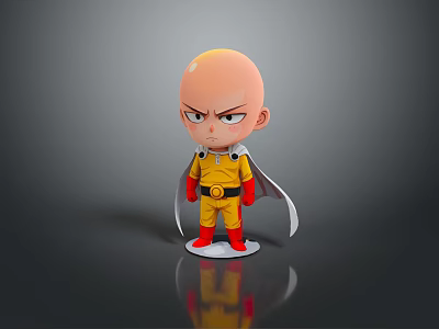 Decorative Bald Figurine With Serious Expression Yellow Outfit Red Boots White Cape On Reflective Base 3d model