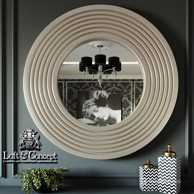 Elegant Circular Striped Frame Mirror Reflecting Chandelier And Decorative Painting In Modern Luxury Interior 3d model 