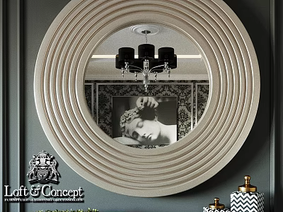 Elegant Circular Striped Frame Mirror Reflecting Chandelier And Decorative Painting In Modern Luxury Interior 3d model