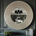 Elegant Circular Striped Frame Mirror Reflecting Chandelier And Decorative Painting In Modern Luxury Interior