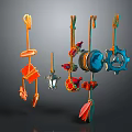 Various Colorful Decorative Hanging Ornaments With Geometric Shapes And Gear Accents