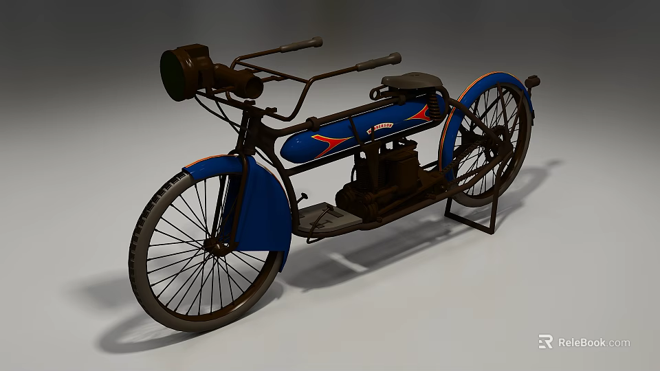 Vintage Blue Bicycle with Red Accents Classic Headlight and Metal Stand 3d model 