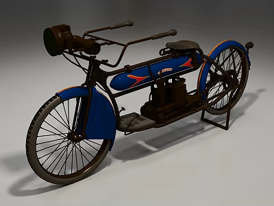 Vintage Blue Bicycle with Red Accents Classic Headlight and Metal Stand 3d model