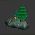 Two Low Poly Green Pine Trees With Red Mushroom On Blue Rock Base